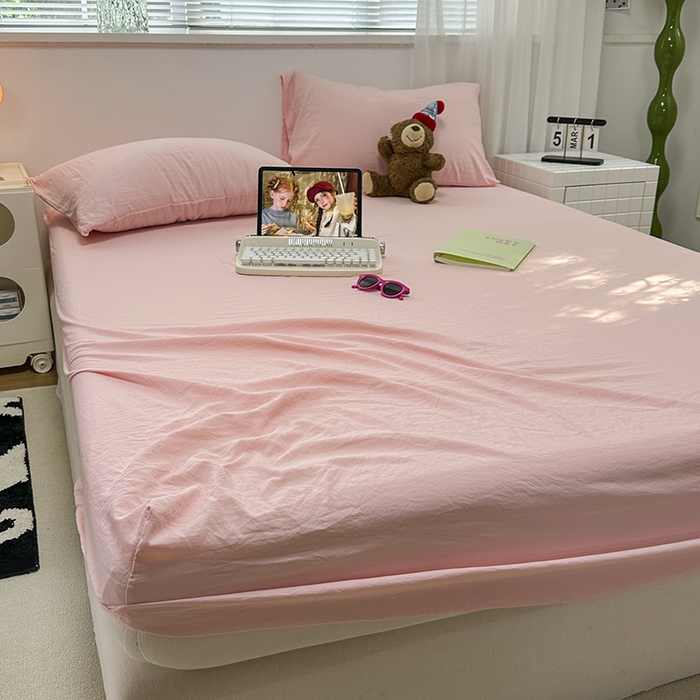 觅妮家纺 2025新款A类水洗棉韩系ins床笠三件套 纯粉