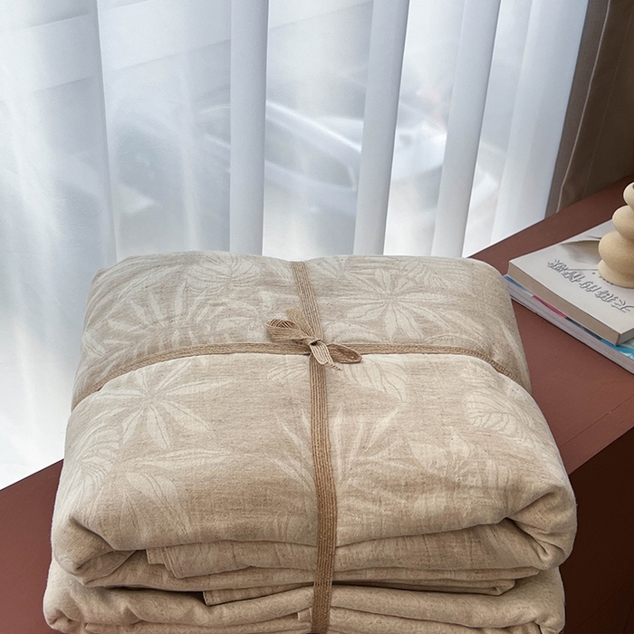 91家纺网 家纺一手货源 找家纺 贝尔 2025新款棉麻色织提花双层纱简单款四件套 简单款-叶兰