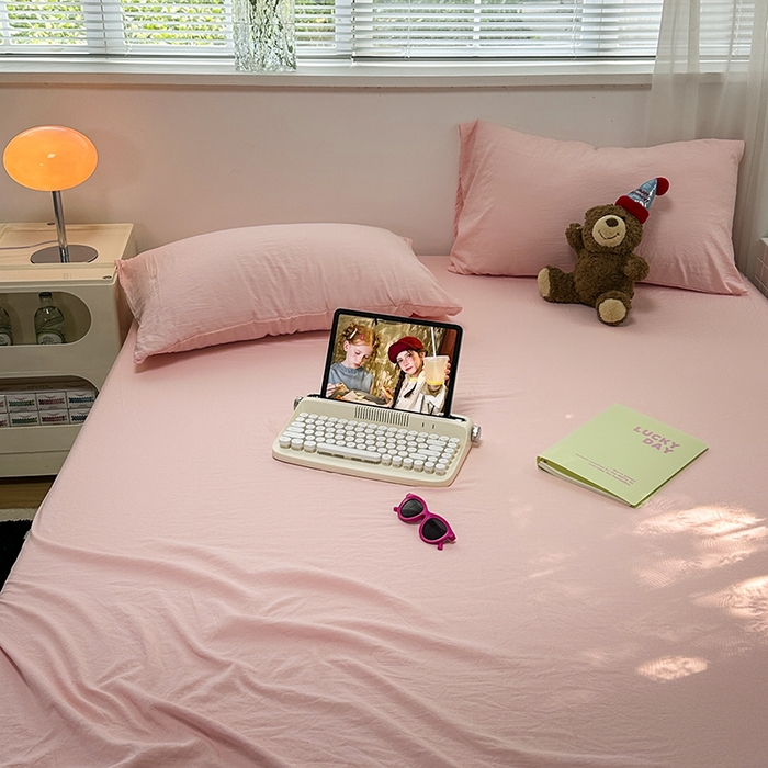 91家纺网 家纺一手货源 找家纺 觅妮家纺 2025新款A类水洗棉韩系ins床笠三件套 纯粉