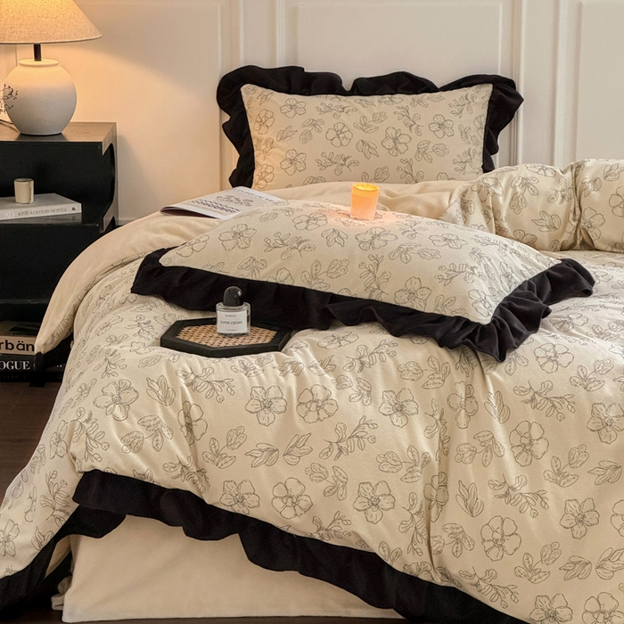 91家纺网 家纺一手货源 找家纺 宅家居 2025新款轻法式小香风灯芯绒提花立体韩版花边牛奶绒四件套-影棚风 百合