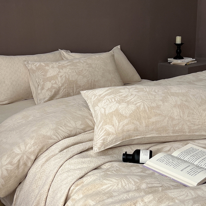 91家纺网 家纺一手货源 找家纺 贝尔 2025新款棉麻色织提花双层纱简单款四件套 简单款-叶兰