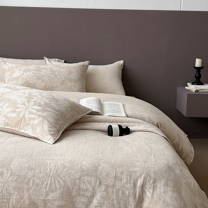 91家纺网 家纺一手货源 找家纺 贝尔 2025新款棉麻色织提花双层纱简单款四件套 简单款-叶兰