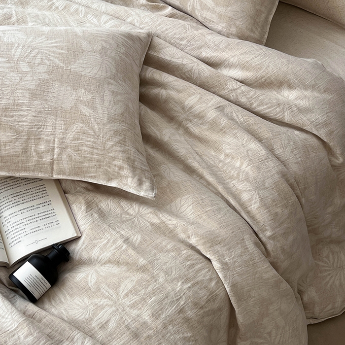 91家纺网 家纺一手货源 找家纺 贝尔 2025新款棉麻色织提花双层纱简单款四件套 简单款-叶兰