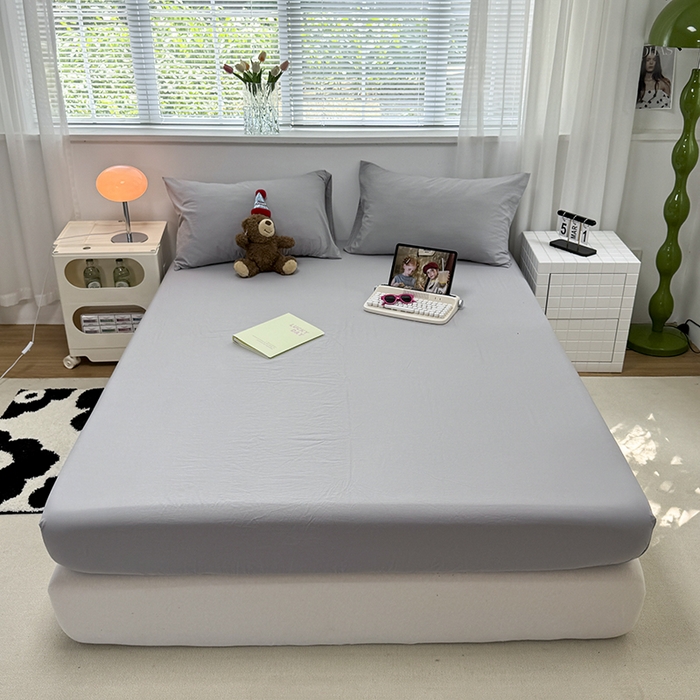 91家纺网 家纺一手货源 找家纺 觅妮家纺 2025新款A类水洗棉韩系ins床笠三件套 纯灰