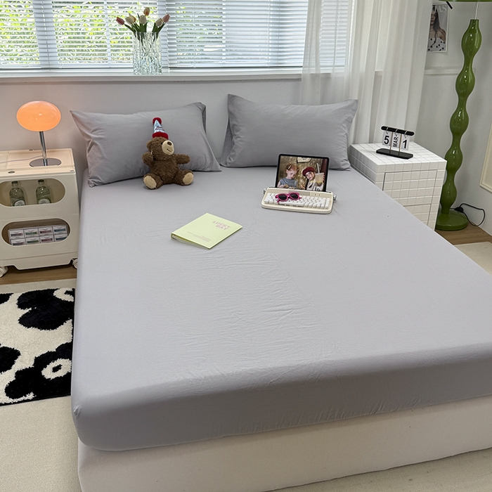 91家纺网 家纺一手货源 找家纺 觅妮家纺 2025新款A类水洗棉韩系ins床笠三件套 纯灰