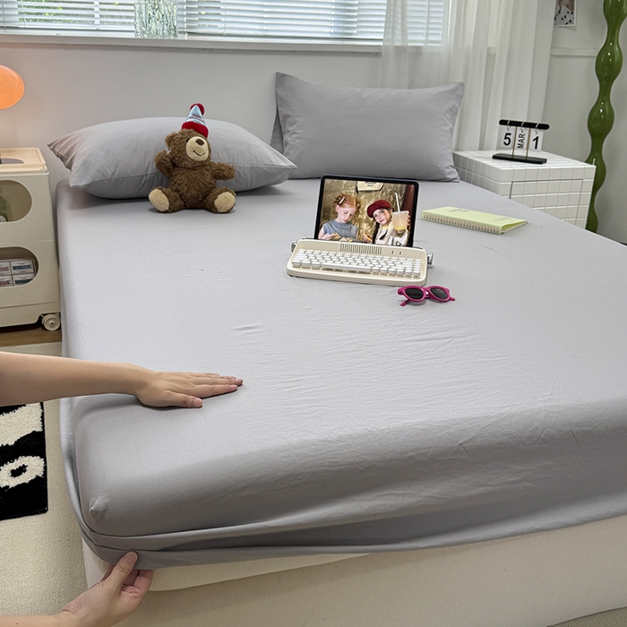 91家纺网 家纺一手货源 找家纺 觅妮家纺 2025新款A类水洗棉韩系ins床笠三件套 纯灰