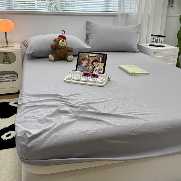 觅妮家纺 2025新款A类水洗棉韩系ins床笠三件套 纯灰