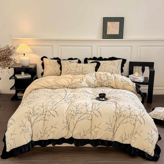 91家纺网 家纺一手货源 找家纺 宅家居 2025新款轻法式小香风灯芯绒提花立体韩版花边牛奶绒四件套-影棚风 花枝