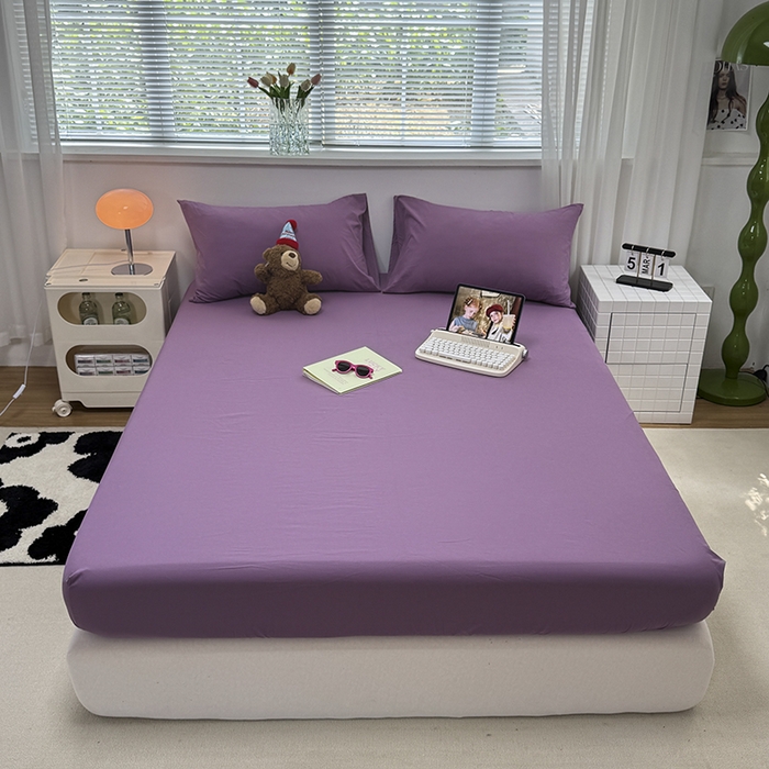 91家纺网 家纺一手货源 找家纺 觅妮家纺 2025新款A类水洗棉韩系ins床笠三件套 纯紫