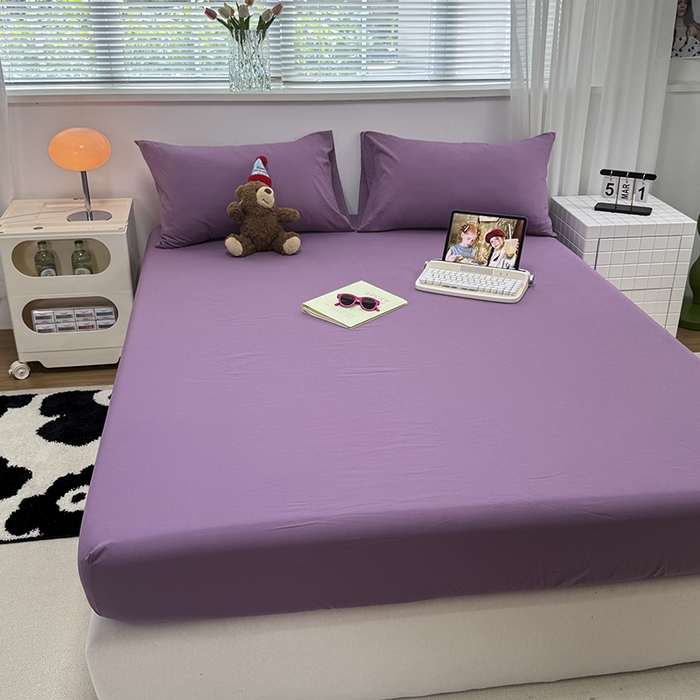 91家纺网 家纺一手货源 找家纺 觅妮家纺 2025新款A类水洗棉韩系ins床笠三件套 纯紫