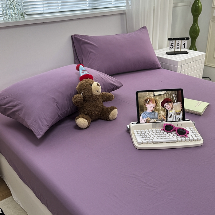 91家纺网 家纺一手货源 找家纺 觅妮家纺 2025新款A类水洗棉韩系ins床笠三件套 纯紫