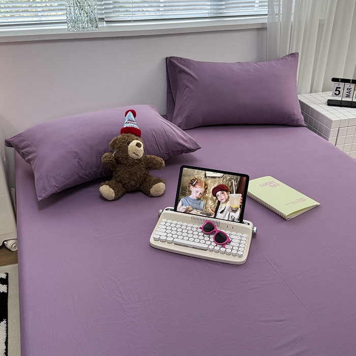 91家纺网 家纺一手货源 找家纺 觅妮家纺 2025新款A类水洗棉韩系ins床笠三件套 纯紫