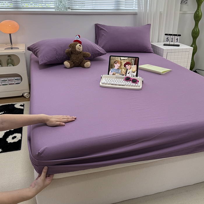 91家纺网 家纺一手货源 找家纺 觅妮家纺 2025新款A类水洗棉韩系ins床笠三件套 纯紫