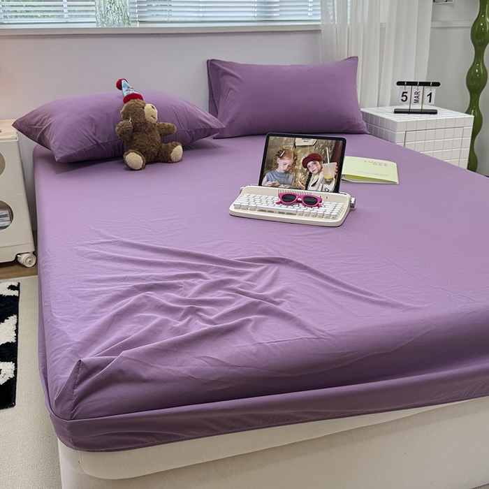 觅妮家纺 2025新款A类水洗棉韩系ins床笠三件套 纯紫