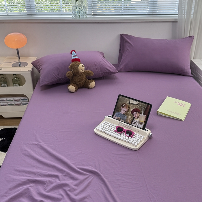 91家纺网 家纺一手货源 找家纺 觅妮家纺 2025新款A类水洗棉韩系ins床笠三件套 纯紫