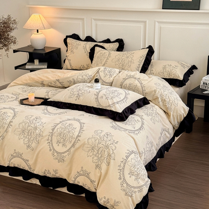 91家纺网 家纺一手货源 找家纺 宅家居 2025新款轻法式小香风灯芯绒提花立体韩版花边牛奶绒四件套-影棚风 镜花