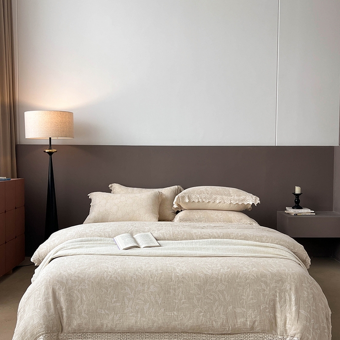 91家纺网 家纺一手货源 找家纺 （总）贝尔 2025新款棉麻色织提花双层纱镂空花边款四件套