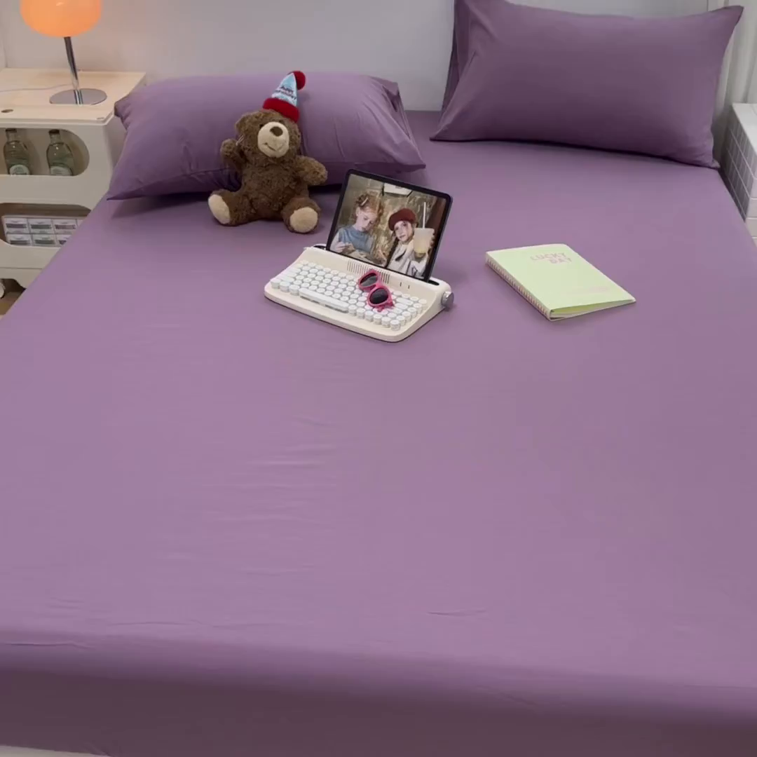 91家纺网 家纺一手货源 找家纺 觅妮家纺 2025新款A类水洗棉韩系ins床笠三件套 纯紫