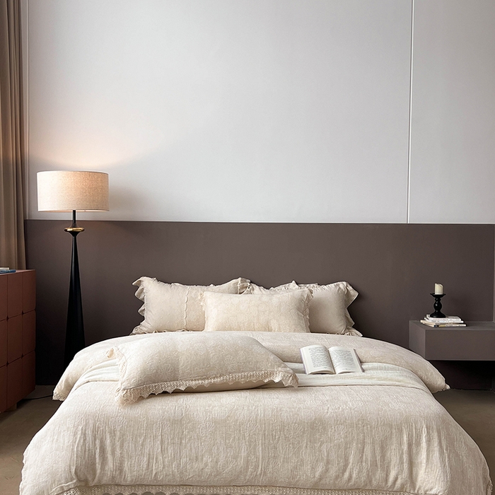 91家纺网 家纺一手货源 找家纺 （总）贝尔 2025新款棉麻色织提花双层纱镂空花边款四件套