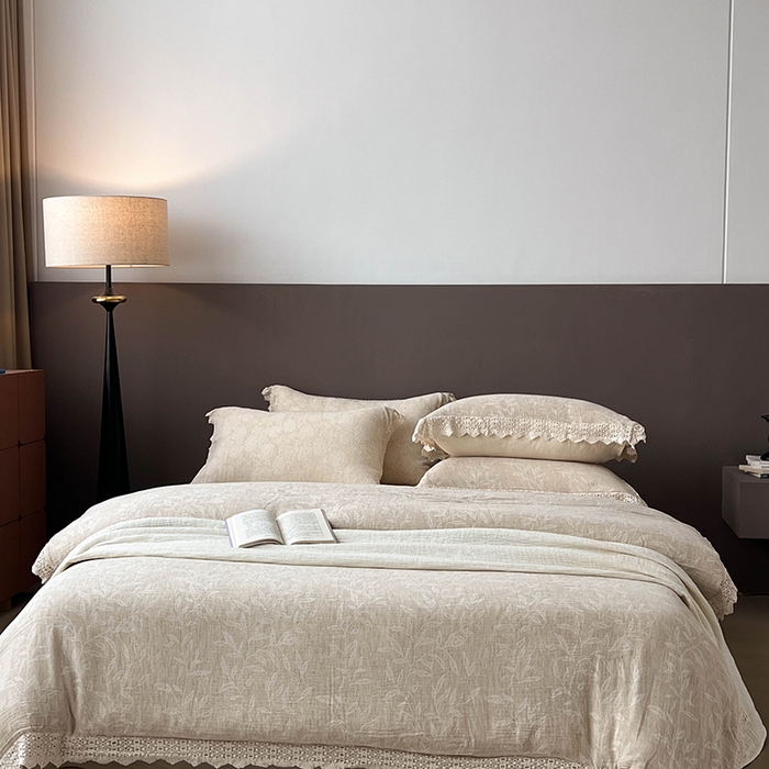 贝尔 2025新款棉麻色织提花双层纱镂空花边款四件套 镂空花边-风吟