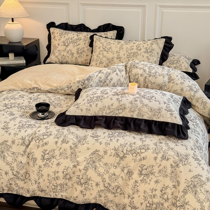 91家纺网 家纺一手货源 找家纺 宅家居 2025新款轻法式小香风灯芯绒提花立体韩版花边牛奶绒四件套-影棚风 喜鹊