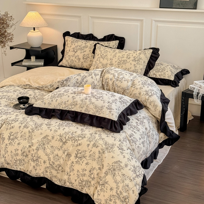 91家纺网 家纺一手货源 找家纺 宅家居 2025新款轻法式小香风灯芯绒提花立体韩版花边牛奶绒四件套-影棚风 喜鹊