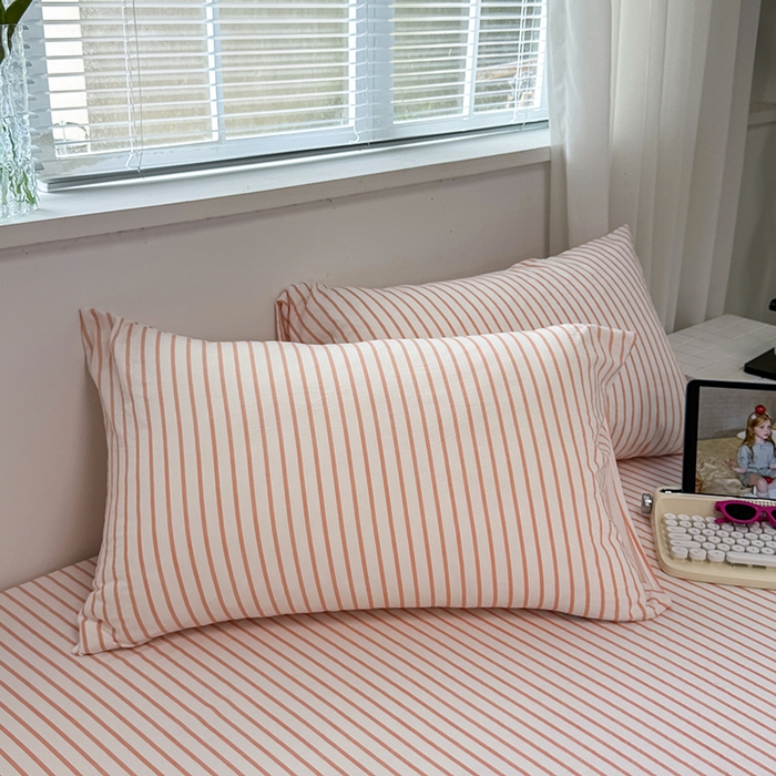 91家纺网 家纺一手货源 找家纺 觅妮家纺 2025新款A类水洗棉韩系ins床笠三件套 粉条纹