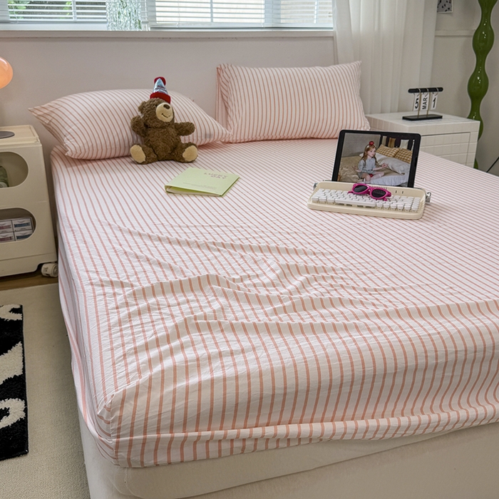 91家纺网 家纺一手货源 找家纺 觅妮家纺 2025新款A类水洗棉韩系ins床笠三件套 粉条纹