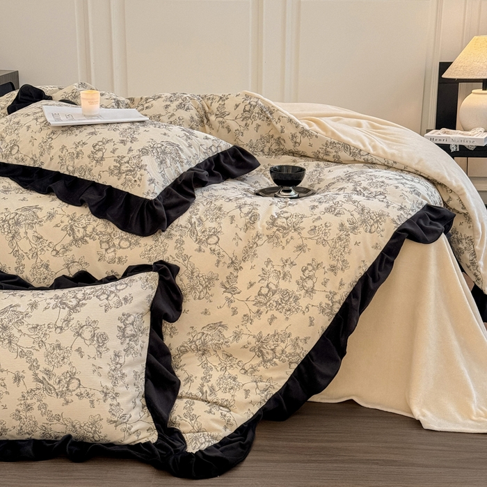 91家纺网 家纺一手货源 找家纺 宅家居 2025新款轻法式小香风灯芯绒提花立体韩版花边牛奶绒四件套-影棚风 喜鹊