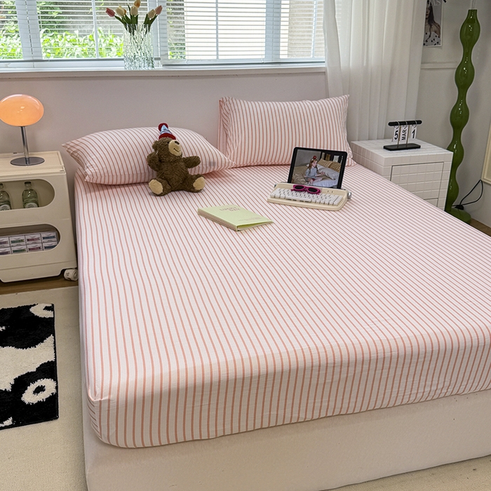 91家纺网 家纺一手货源 找家纺 觅妮家纺 2025新款A类水洗棉韩系ins床笠三件套 粉条纹