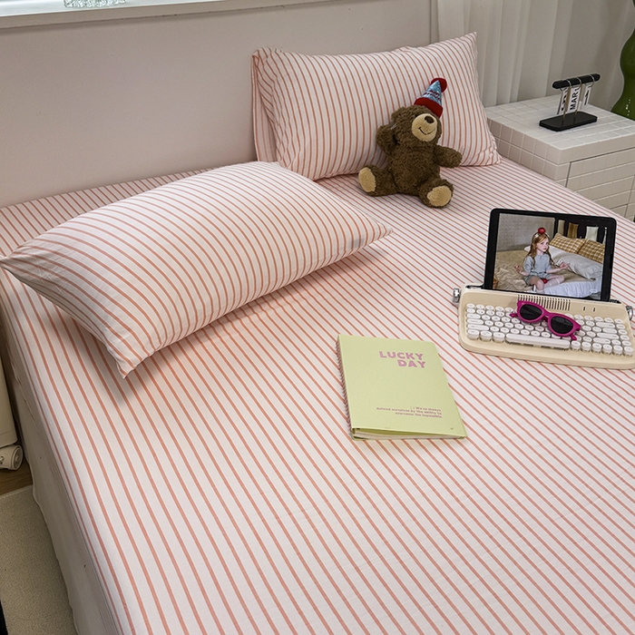 91家纺网 家纺一手货源 找家纺 觅妮家纺 2025新款A类水洗棉韩系ins床笠三件套 粉条纹