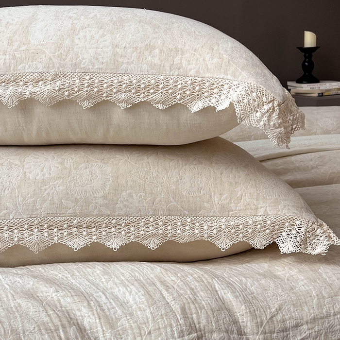 91家纺网 家纺一手货源 找家纺 贝尔 2025新款棉麻色织提花双层纱镂空花边款四件套 镂空花边-万物生