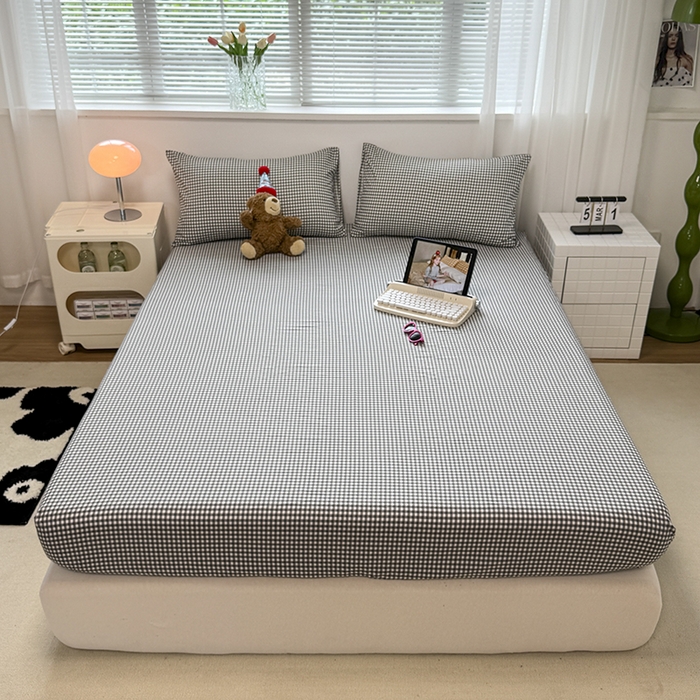 91家纺网 家纺一手货源 找家纺 觅妮家纺 2025新款A类水洗棉韩系ins床笠三件套 黑白小格