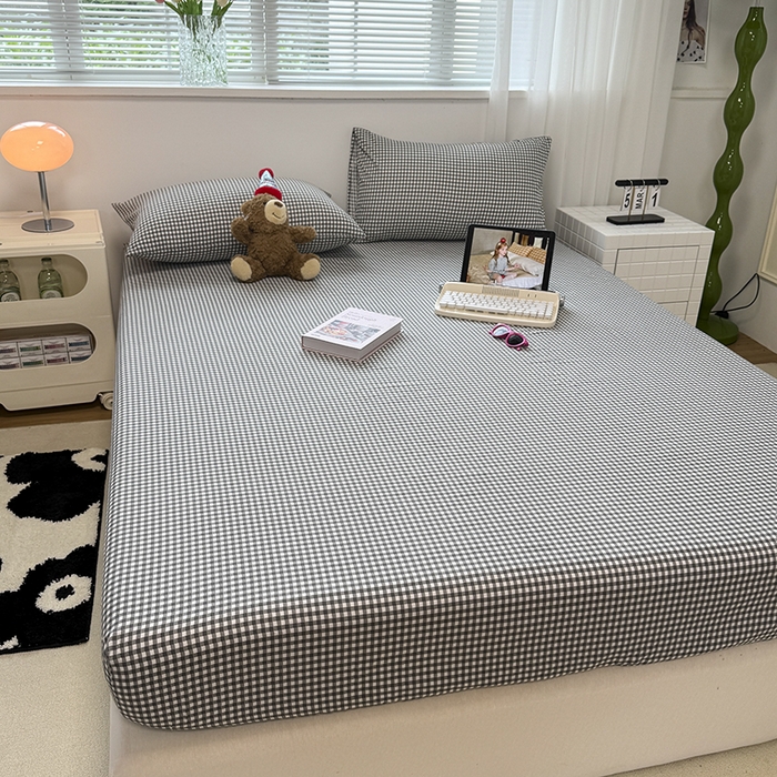 91家纺网 家纺一手货源 找家纺 觅妮家纺 2025新款A类水洗棉韩系ins床笠三件套 黑白小格