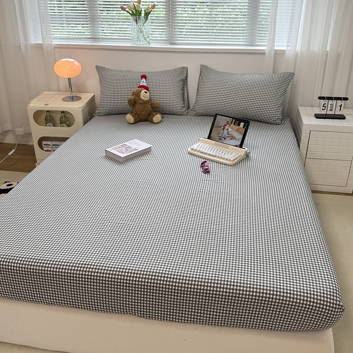 91家纺网 家纺一手货源 找家纺 觅妮家纺 2025新款A类水洗棉韩系ins床笠三件套 黑白小格