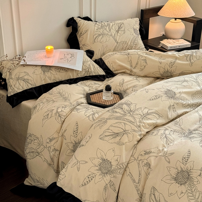 91家纺网 家纺一手货源 找家纺 宅家居 2025新款轻法式小香风灯芯绒提花立体韩版花边牛奶绒四件套-影棚风 语叶