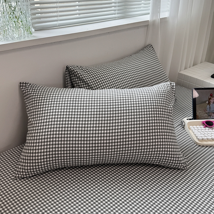 91家纺网 家纺一手货源 找家纺 觅妮家纺 2025新款A类水洗棉韩系ins床笠三件套 黑白小格