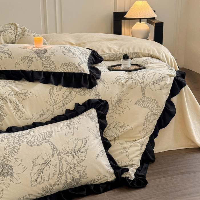 91家纺网 家纺一手货源 找家纺 宅家居 2025新款轻法式小香风灯芯绒提花立体韩版花边牛奶绒四件套-影棚风 语叶