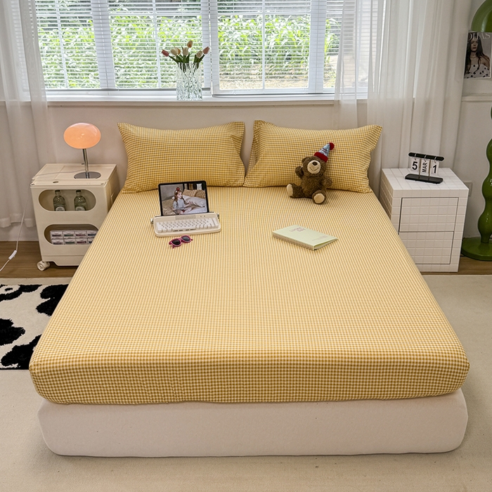 91家纺网 家纺一手货源 找家纺 觅妮家纺 2025新款A类水洗棉韩系ins床笠三件套 黄小格