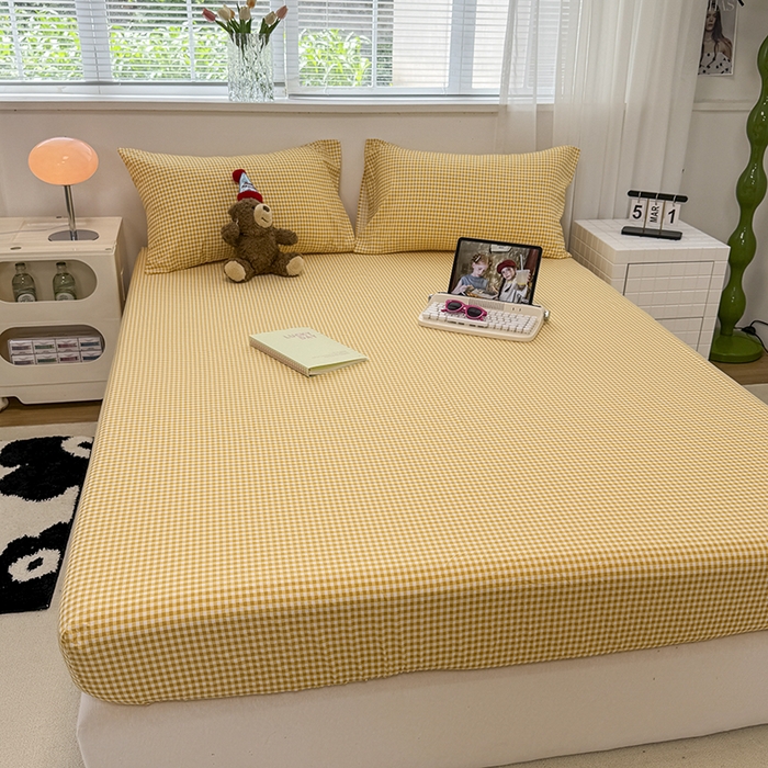 91家纺网 家纺一手货源 找家纺 觅妮家纺 2025新款A类水洗棉韩系ins床笠三件套 黄小格