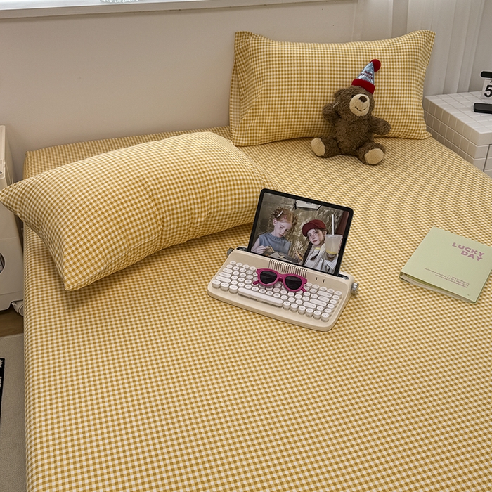 91家纺网 家纺一手货源 找家纺 觅妮家纺 2025新款A类水洗棉韩系ins床笠三件套 黄小格