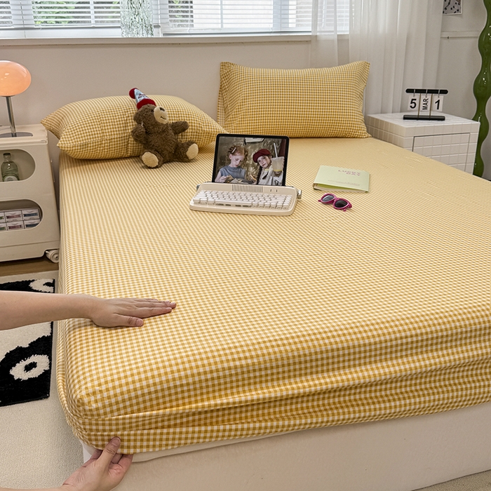 91家纺网 家纺一手货源 找家纺 觅妮家纺 2025新款A类水洗棉韩系ins床笠三件套 黄小格