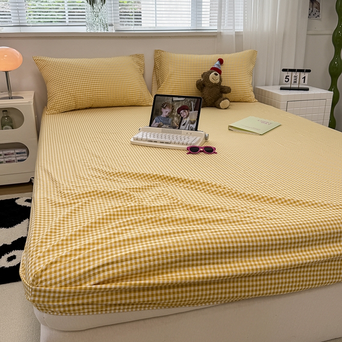 觅妮家纺 2025新款A类水洗棉韩系ins床笠三件套 黄小格