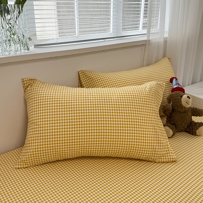 91家纺网 家纺一手货源 找家纺 觅妮家纺 2025新款A类水洗棉韩系ins床笠三件套 黄小格