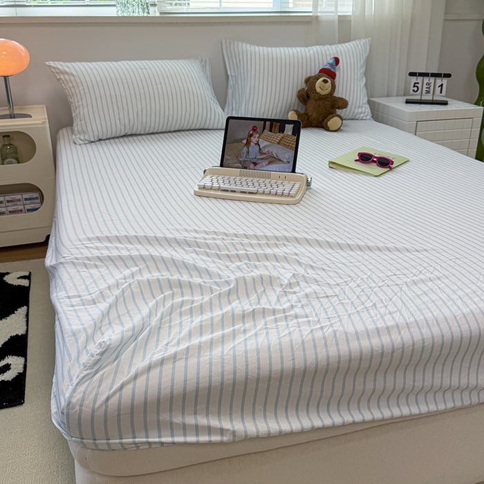 觅妮家纺 2025新款A类水洗棉韩系ins床笠三件套 蓝条纹