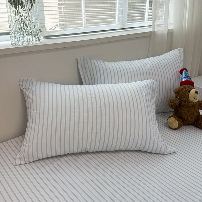 91家纺网 家纺一手货源 找家纺 觅妮家纺 2025新款A类水洗棉韩系ins床笠三件套 蓝条纹