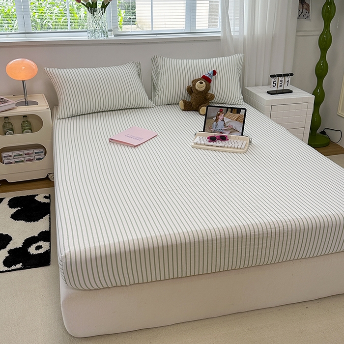 91家纺网 家纺一手货源 找家纺 觅妮家纺 2025新款A类水洗棉韩系ins床笠三件套 绿条纹