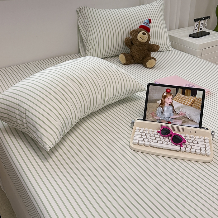 91家纺网 家纺一手货源 找家纺 觅妮家纺 2025新款A类水洗棉韩系ins床笠三件套 绿条纹