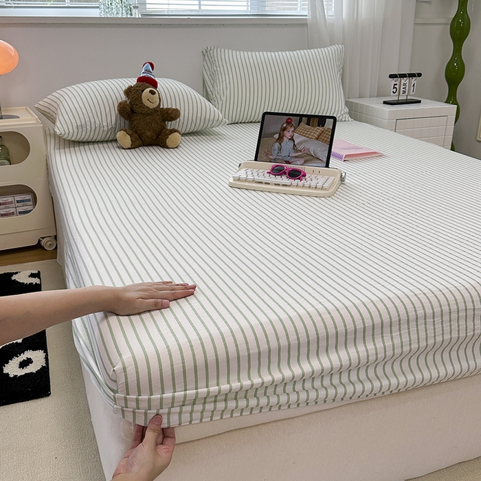 91家纺网 家纺一手货源 找家纺 觅妮家纺 2025新款A类水洗棉韩系ins床笠三件套 绿条纹