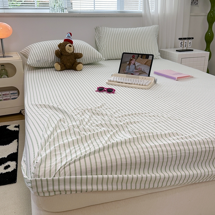 觅妮家纺 2025新款A类水洗棉韩系ins床笠三件套 绿条纹